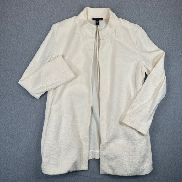 Eileen Fisher Sweaters - Eileen Fisher Cardigan Womens XS Cream Textured Cotton Stand Collar Open Front